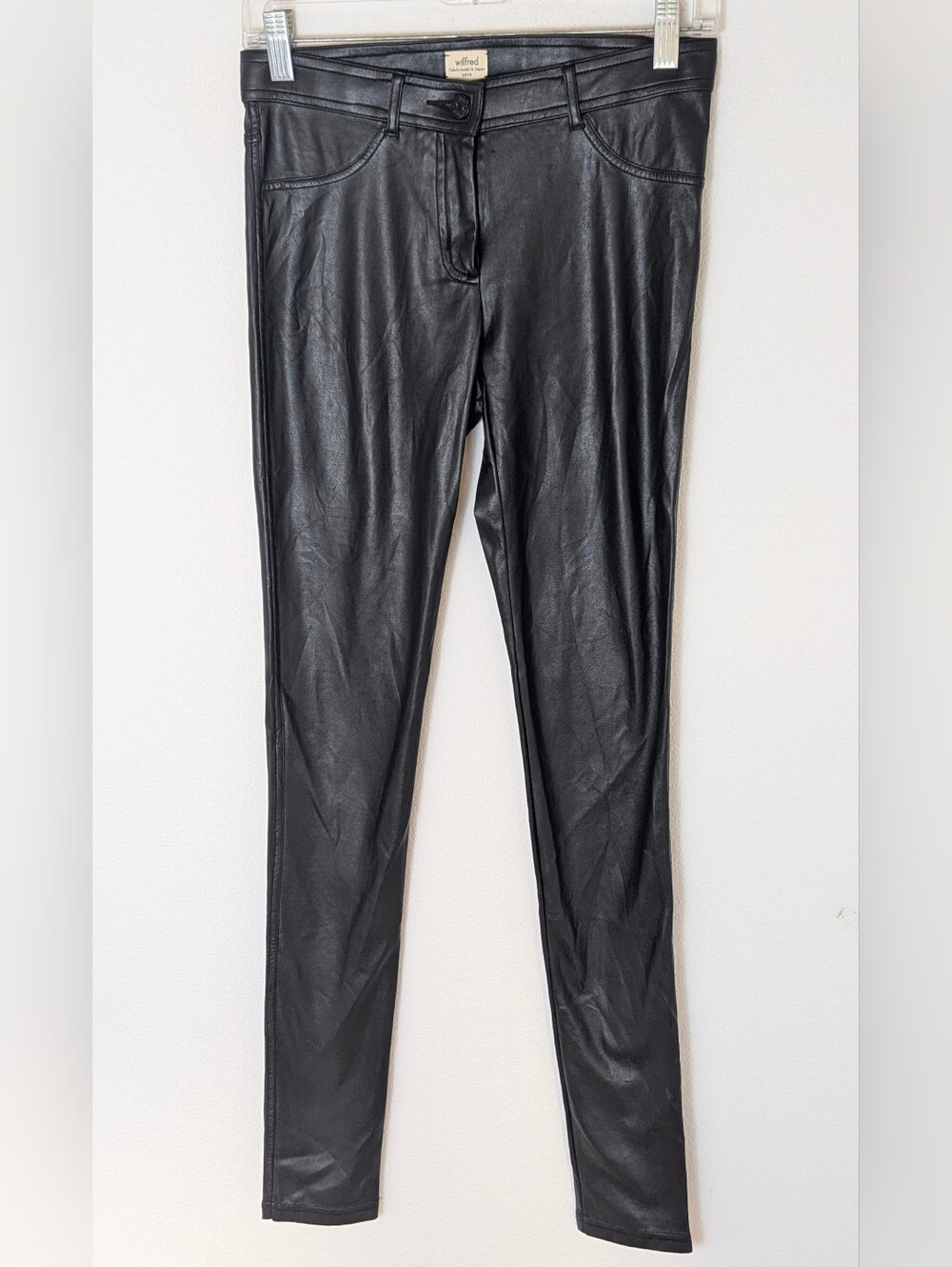 Wilfred Women Black faux Leather Skinny Slim Pants Button Zip Mid Rise sz 0
